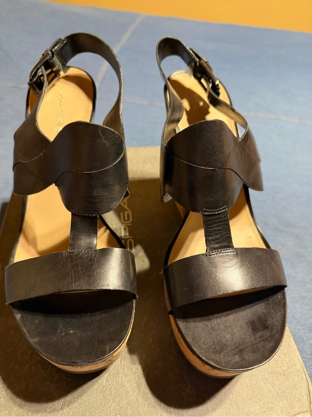 Via Spiga Black Leather Wedge Sandals